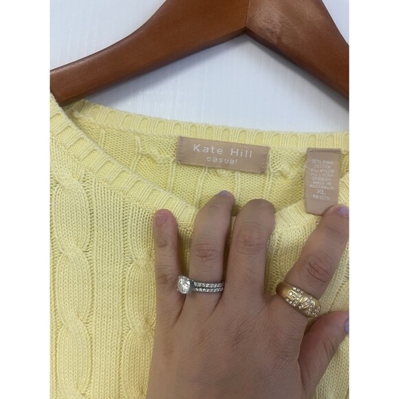 KATE HILL Yellow cable knit Pima cotton crewneck sweater size X-Large Preppy - Picture 4 of 5